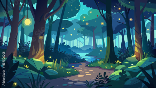 Forest landscape vector with fireflies glowing at night, magical flat illustration