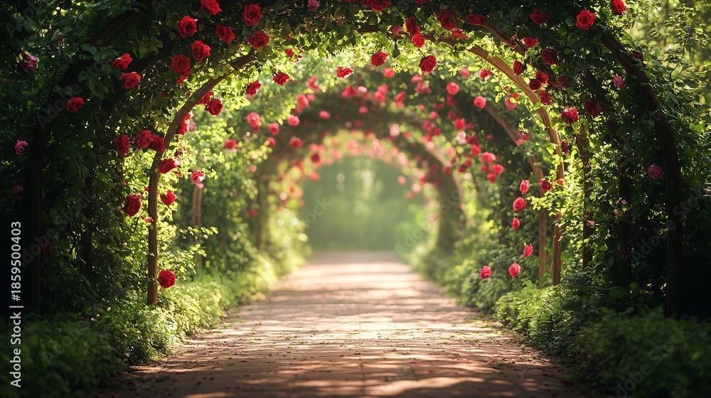 Obraz premium A beautiful garden trellis covered in lush green foliage and abundant red roses creates a charming archway leading down a sun-dappled path. This romantic setting evokes feelings of peace and
