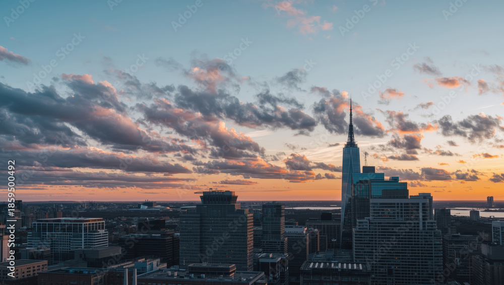Fototapeta premium Downtown skyline sunset with dramatic clouds and modern skyscraper spire