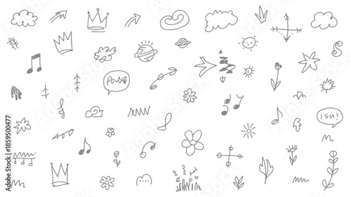 A scattered collection of whimsical hand drawn doodles including crowns, flowers, music notes, clouds, and arrows on white background