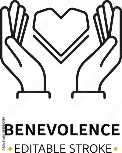 Two Hands Holding Heart Shape Line Icon for Benevolence Charity Care Kindness Support Volunteer Community Health and Social Responsibility Graphic