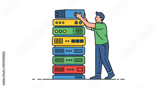 Cartoon Illustration of Man Organizing Colorful Computer Servers