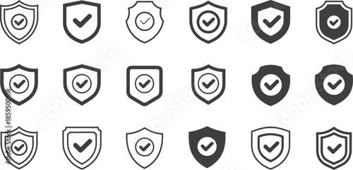 Vector Illustration of Shield Icons with Check Marks for Security Protection Verification and Guaranteed Data Privacy in Various Professional Styles