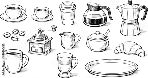 Coffee and cafe engraving illustration set with cups grinder moka pot croissant vintage hand drawn black and white line art style