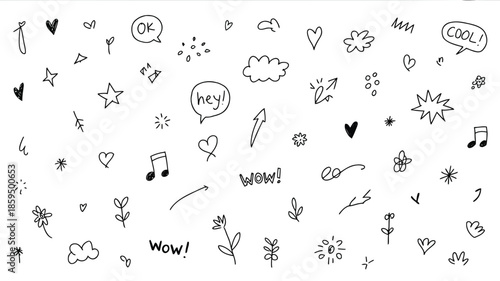 Hand drawn black doodles including hearts, stars, flowers, and speech bubbles on white background for creative design