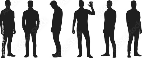 Vector Illustration of Standing Men Silhouette Set Featuring Casual Poses Hand Waving and Profile Views for Fashion Branding and Lifestyle