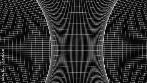 An abstract geometric figure constructed from a light coordinate grid against a dark background. The central area is gently compressed, creating an effect of spatial tension and a smooth curvature of 