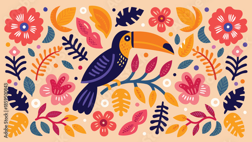 Vibrant toucan perched on colorful branch surrounded by exotic flowers and leaves