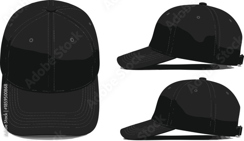Black baseball cap vector, front and side views, adjustable strap illustration, stitched panel design, fashion accessory clipart, headwear product mockup