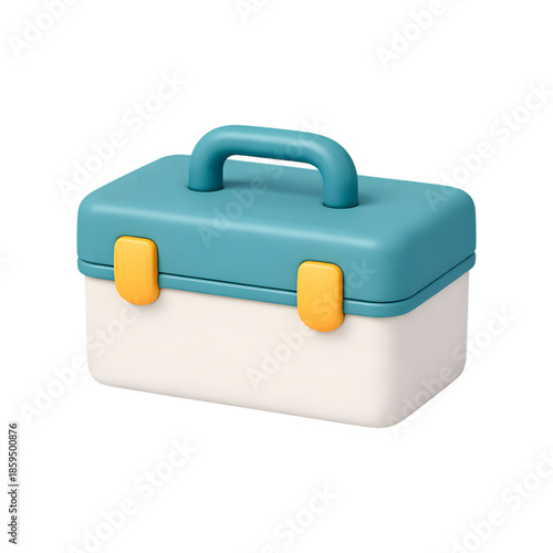A sleek blue and white toolbox with vibrant yellow clasps, a modern 3d icon for various uses isolated on transparent background