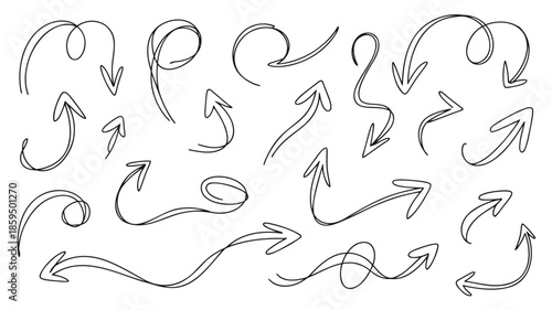 A collection of 20 hand drawn black arrows in various curvy and swirly shapes and sizes on white background for design and decoration