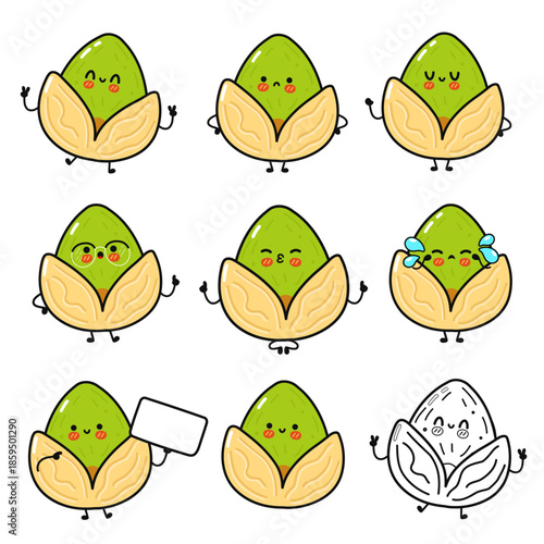 Cute pistachio character emotions black and white drawing