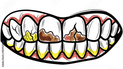 Close-up on teeth erosion from smoking and dental decay concept of health  