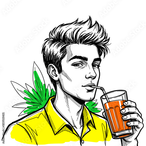 Young man drinking carrot juice while relaxing against green background  