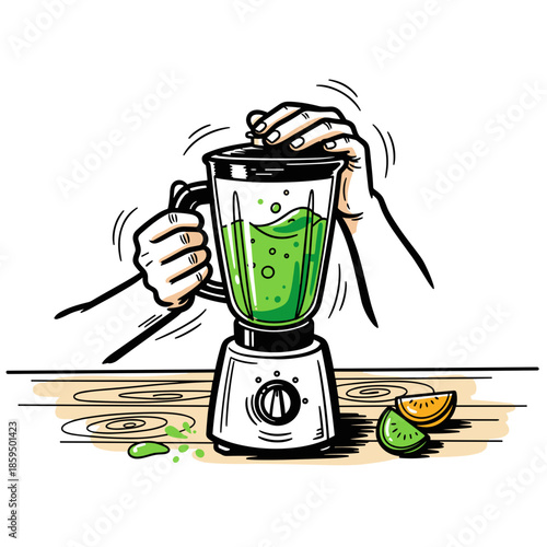 Hands blending green smoothie on wooden table and preparing healthy drink  