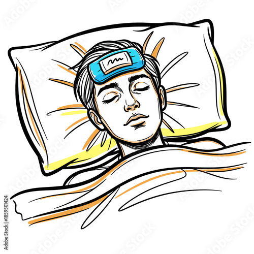 Patient resting with compress on forehead in bed while sleeping  