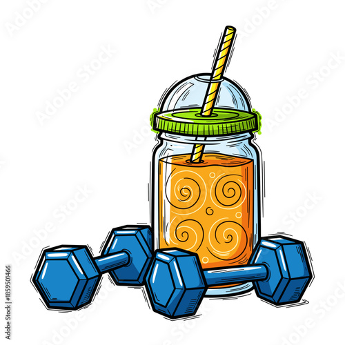 Smoothie jar beside dumbbells in vibrant colors representing health  
