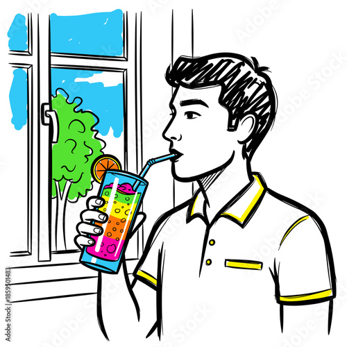 Man drinking smoothie near window and enjoying a refreshing moment  