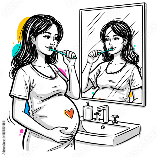 Pregnant woman brushing her teeth and holding stomach in bathroom  
