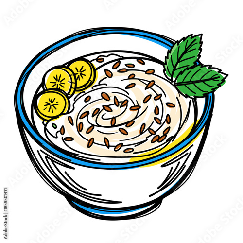 Almond milk and flaxseed breakfast in bowl with banana and mint  