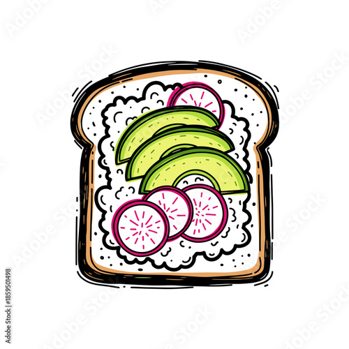 Cottage cheese toast with avocado and radish on a slice of bread  
