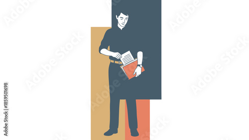 Modern illustration of a person reading a book while standing with a thoughtful expression and
