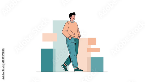 Modern illustration of a young man walking confidently in casual attire with a cityscape background