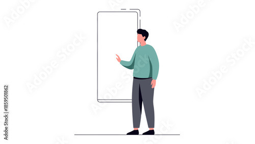 Illustration of a man using a large smartphone with a minimalistic design and simple background