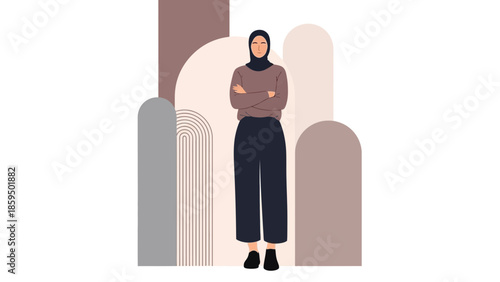 Illustration of a modern muslim woman in hijab with crossed arms in neutral tones stylish