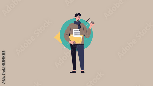 Modern illustration of a young woman reading and holding a pen with abstract background elements