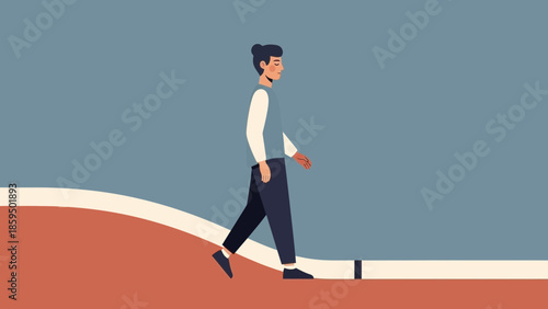 Digital illustration of a woman walking along a curved path in a minimalistic style with a calming
