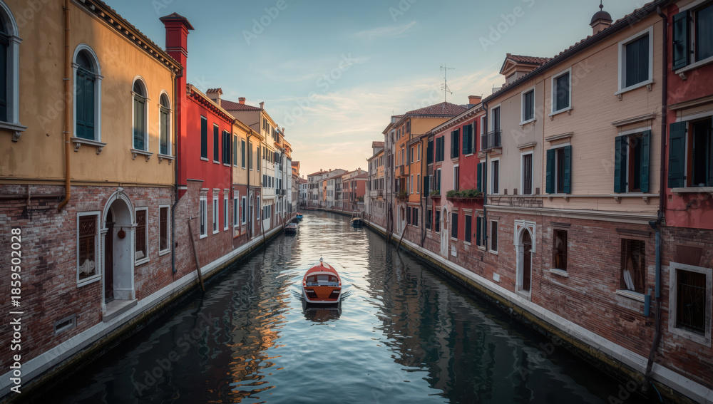 Obraz premium Serene canal boat between colorful historic buildings at sunset