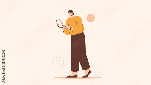 Flat vector illustration of woman using mobile phone for communication and information access