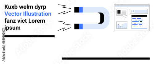 Marketing, lead generation, data visualization, analytics, SEO optimization, content management. Magnet pulling digital content with charts and graphs. Marketing and lead generation concepts