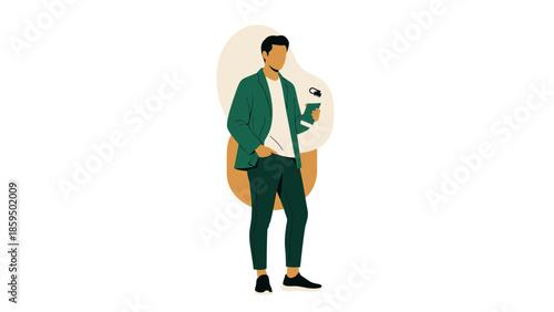 Modern young man standing and using smartphone with casual outfit and backpack