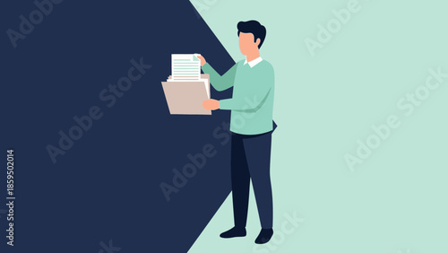 Illustration of a businessman overwhelmed with paperwork standing in a split-tone background