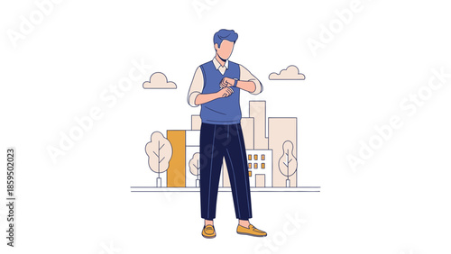 Modern young man standing outdoors in casual attire looking at smartwatch with cityscape background