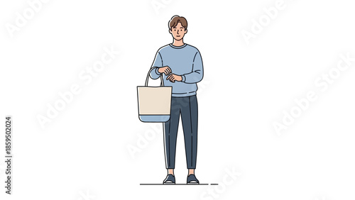 Illustration of a casual young woman carrying a shopping tote and standing on a plain white