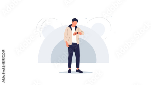 modern young man standing outdoors using a smartphone in casual clothing with abstract background