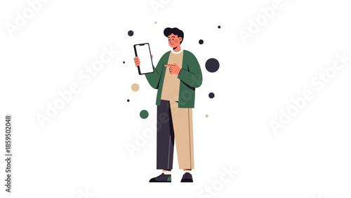 Modern young man using smartphone and pointing at screen with cheerful expression in casual clothes