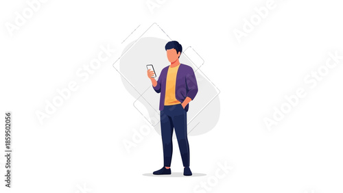 Modern young man using smartphone in casual business attire standing against minimal abstract