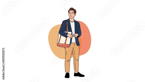 Illustration of a confident young man standing with a bag in casual attire against a colorful
