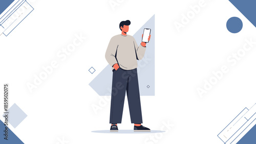 Modern young man using smartphone with casual attire standing confidently in a minimalistic