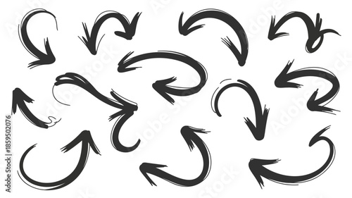 A set of ten sketch style black arrows on white background for design and direction indication