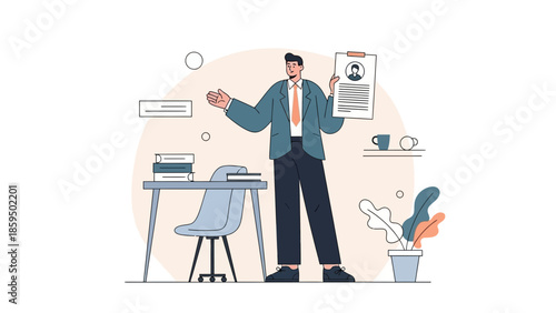 professional man giving presentation in office with documents and plants