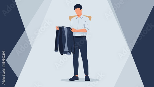 Illustration of a man inspecting a suit jacket in a modern, minimalistic setting for fashion or