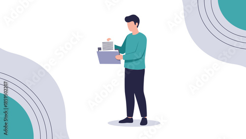 illustration of a man holding a tray with stacked books and papers in a minimalistic style