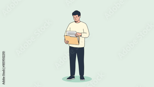 illustration of a man holding and reading a stack of documents or papers