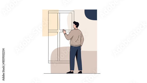 illustration of a man opening a sliding glass door in a modern home interior