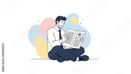 Illustration of a man reading a newspaper while seated cross-legged on the floor in a modern